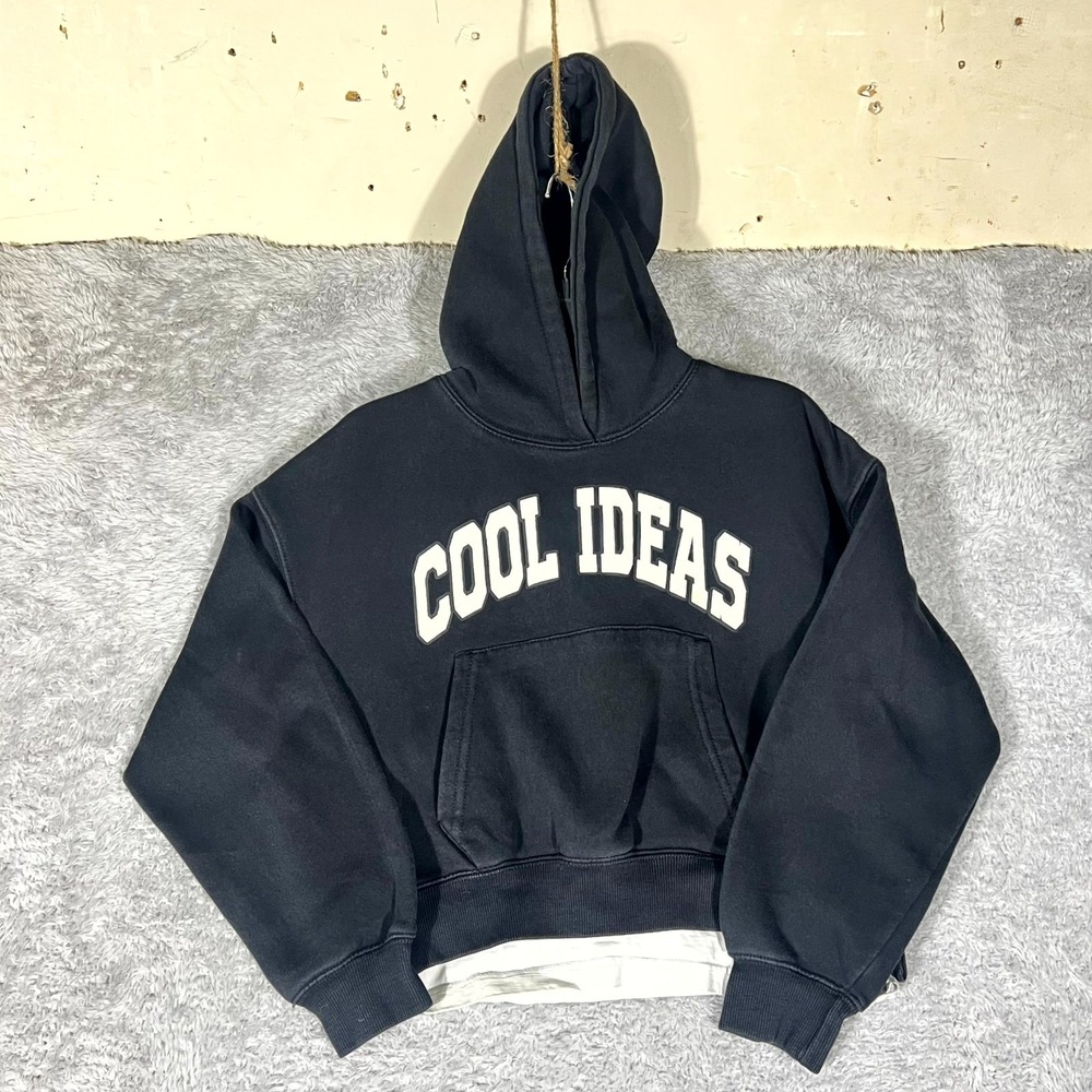 Zara Cool Ideas Cropped Hoodie Womens 9-10 Black Cotton Fleece Lined Winter